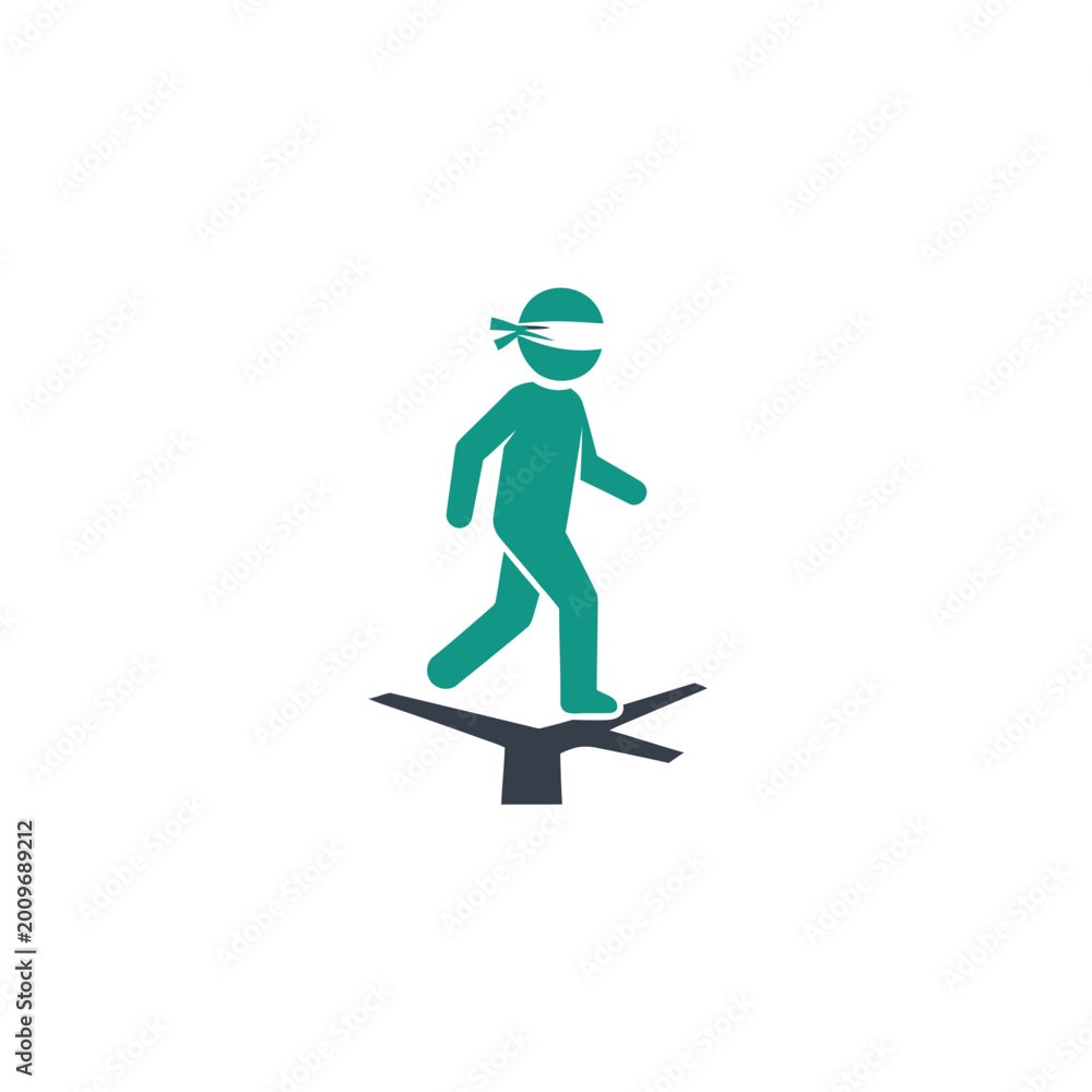 Fototapeta premium Blindfolded person walking on a tightrope symbolizing risk.