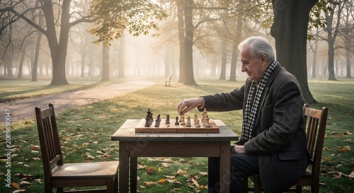 Elderly man playing chess alone on a wooden table in a foggy park