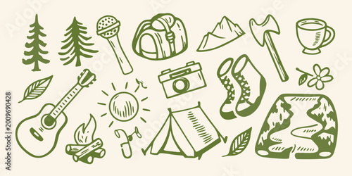 Camping and outdoor adventure hand drawn illustrations on a cream background high quality professional detailed