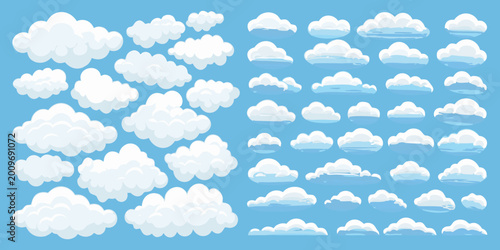 Collection of white fluffy clouds vector illustration with a light blue background high quality professional