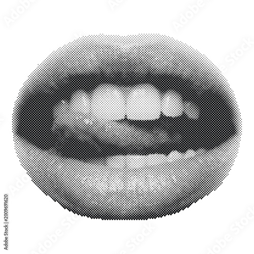 Foto Retro halftone vector illustration of a pair of lips isolated on white backgroun