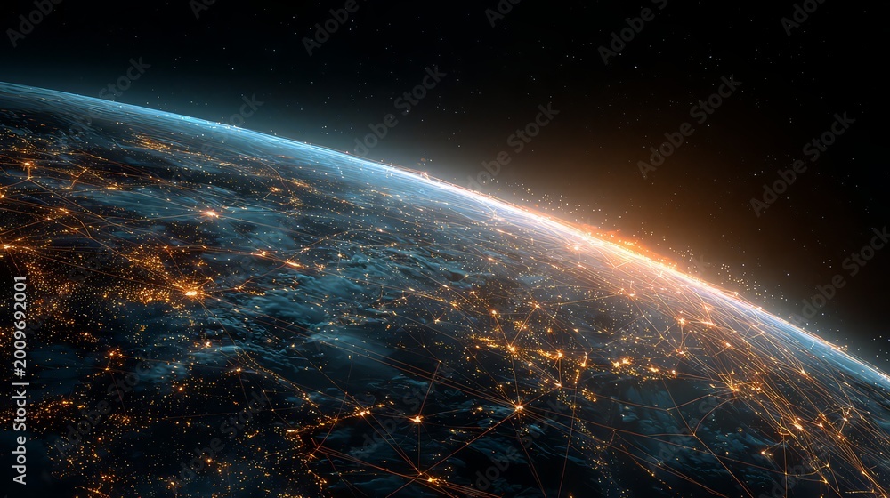 Fototapeta premium Earth planet night view from orbit showing glowing city lights and atmospheric horizon glow with dark space background and distant stars 4K Video Resolution