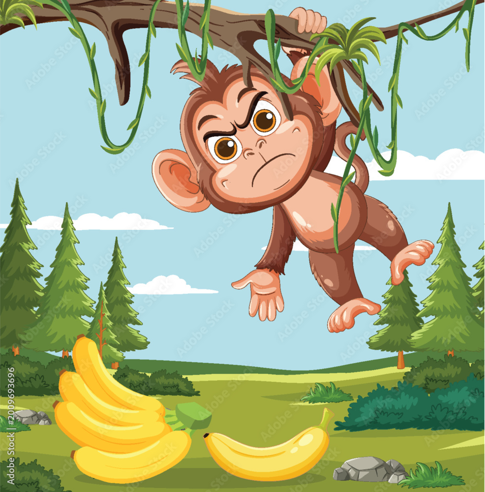 Fototapeta premium Angry Monkey Hanging From Tree Above Bananas in Forest