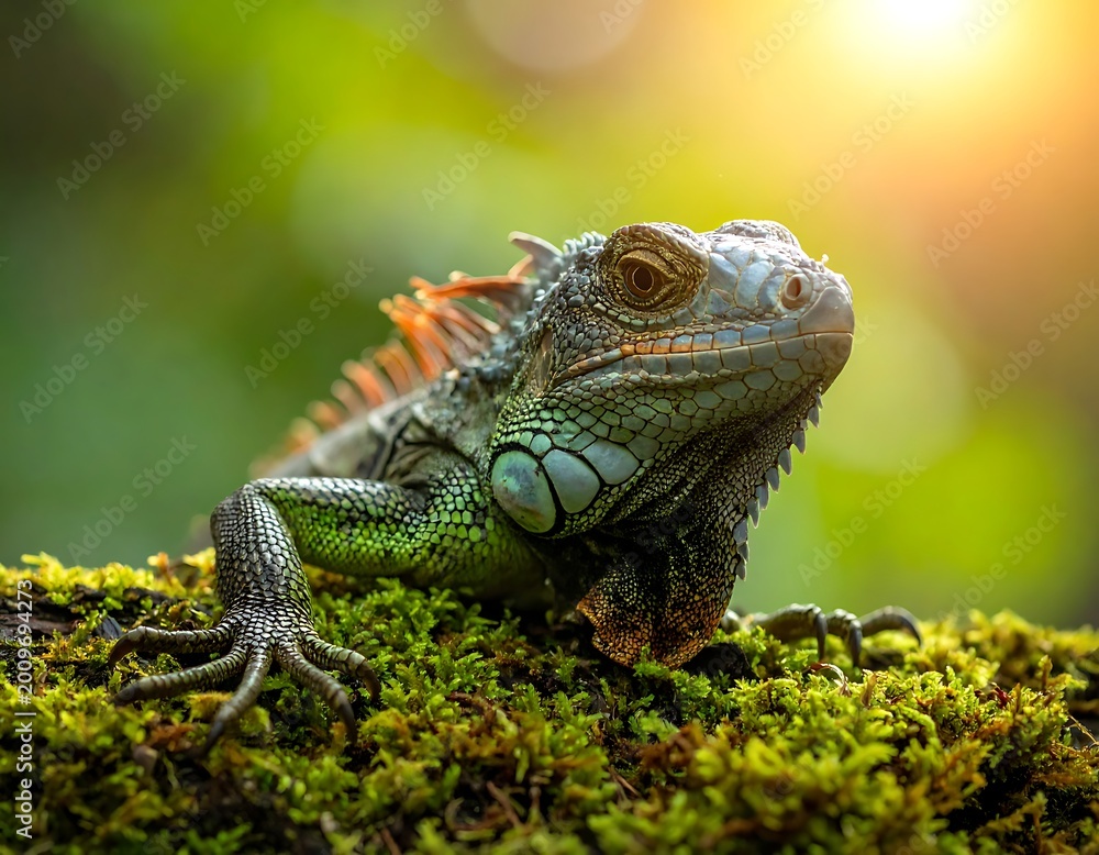 Fototapeta premium Green Iguana on Mossy Rock Outcrop.