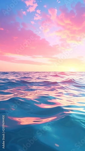 Calm ocean waters reflect vibrant pink and blue sunset hues, with soft clouds