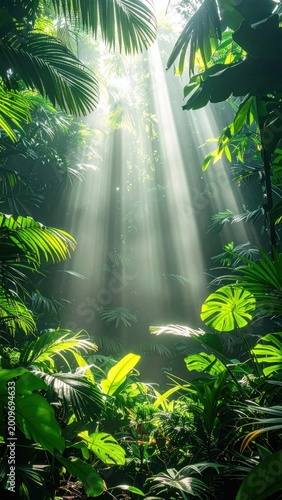 Lush, dense forest with sunlight streaming through the canopy, creating a mystical glow