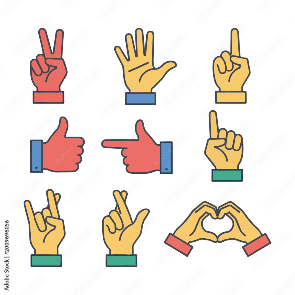 Obraz premium Set of diverse human hand gestures in a minimalist line art style with solid colors isolated on a white background, modern design elements concept