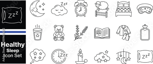 Healthy Sleep and Bedtime Routine Icon Set with Pillow, Alarm Clock, Night Mask, and Pajamas