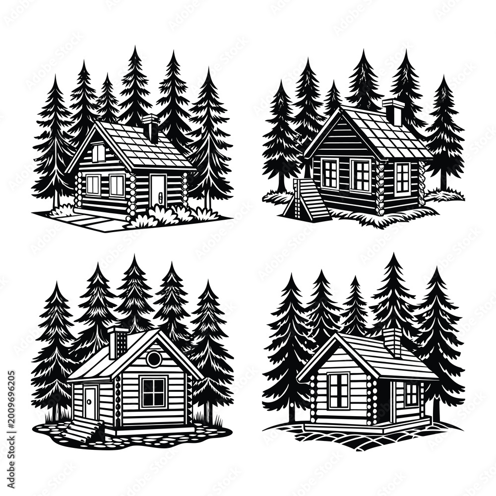 Fototapeta premium Rustic Cabin Collection Forest House Illustration Set