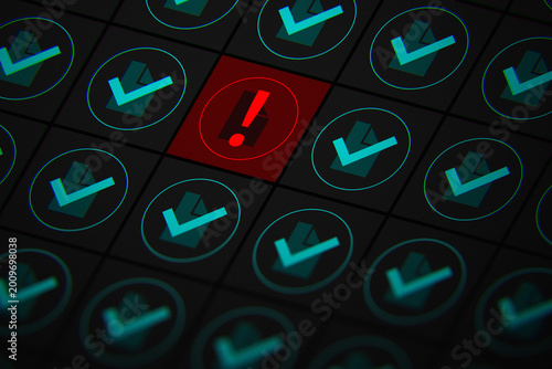 Cuadro en lienzo Digital error alert icon highlighted in red among successful blue checkmarks on dark screen