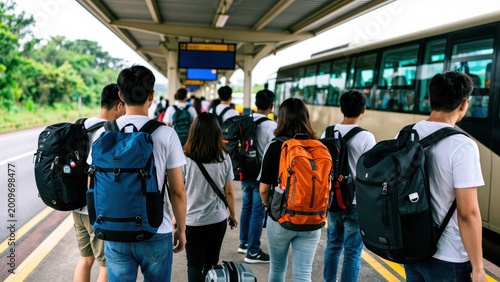 Travelers Awaiting Transit: A group of diverse people with backpacks stands on a platform at a transit station, ready to board a bus or train for their journey.