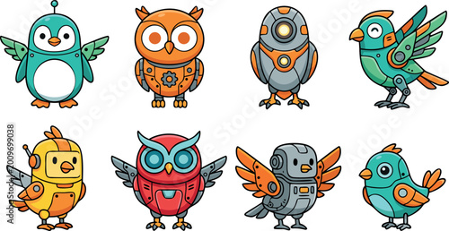 Bilde på lerret Cute set of colorful robot bird characters featuring mechanical owls penguins an