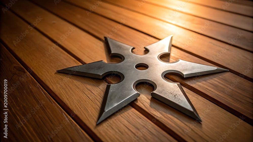 Fototapeta premium Close up of a sharp metal shuriken ninja star weapon resting on a textured wooden surface in warm golden light