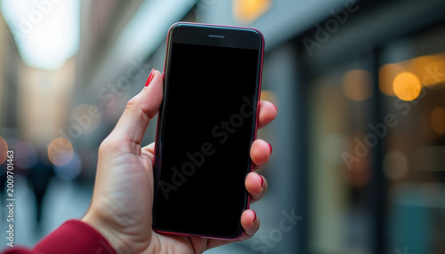 Hand holding smartphone in urban setting close-up photography vibrant background city life technology concept