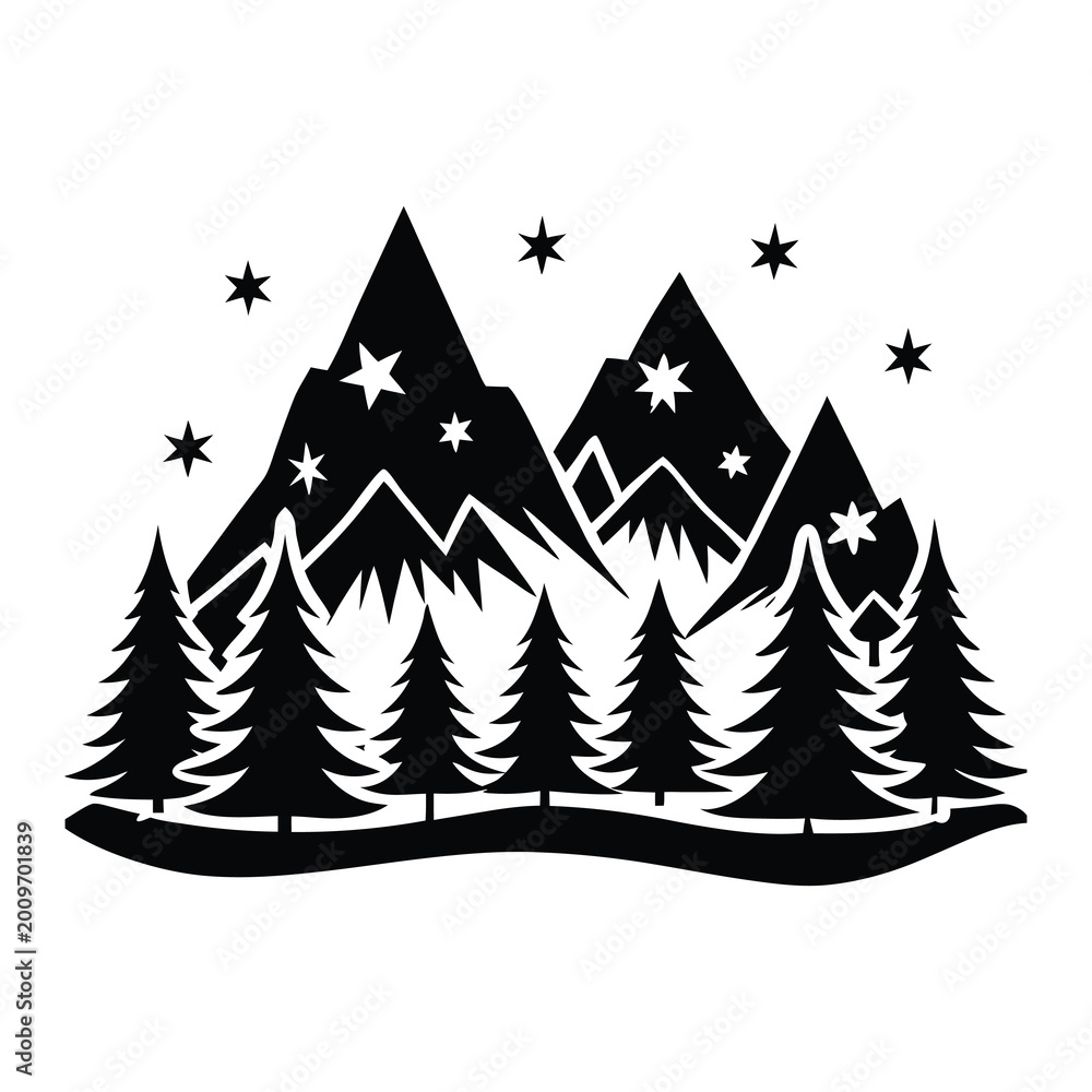 Obraz premium Mountain Forest Silhouette, Nature Landscape Vector