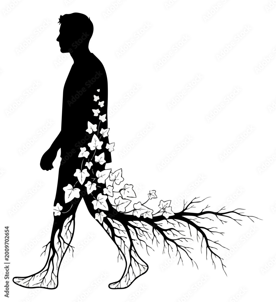 Fototapeta premium Man walking with roots and leaves silhouette vector art