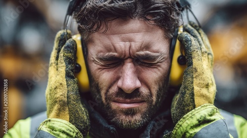 Male factory worker wearing yellow noise-canceling earmuffs experiencing discomfort from loud noise