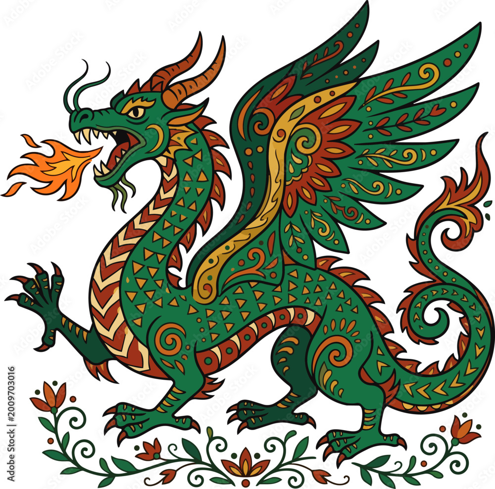 Fototapeta premium Emerald Forest Folk Art Dragon