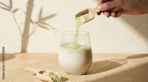 Matcha, Green tea powder, Healthy drink, Superfood, Pouring, Wellness, Morning routine. Hand pouring organic green powder into plant-based milk with natural sunlight and leaf shadows.