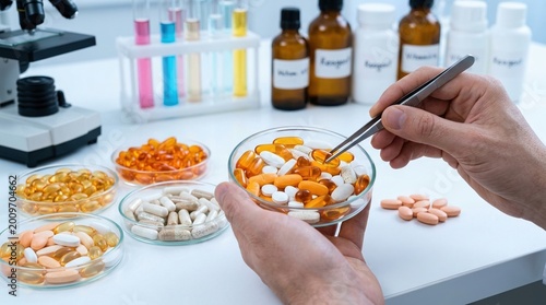 Tableau sur toile Laboratory, supplements, research, pills, pharmacy, medication, scientist conducting quality control with tweezers in a clinical setting with microscope and vitamins for wellness