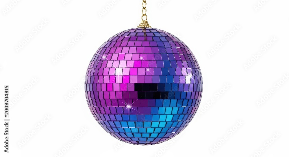 Obraz premium Disco ball with purple and blue mirrored facets hangs against a white background.