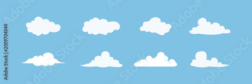 Set of white cloud icons on a blue background. Various white cloud shapes, cloud patterns, and cloud designs. Perfect for weather, sky, and nature themes. Weather illustration