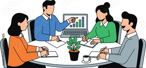 Business team collaborating and analyzing data during a meeting together