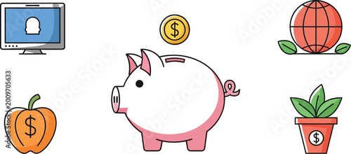 Pink piggy bank surrounded by financial growth and investment symbols