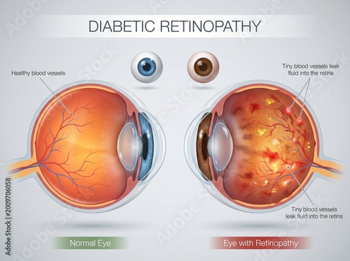 Medical diagram of diabetic retinopathy and eye anatomy