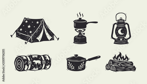 Konstfotografi Vintage camping gear icons including tent lantern campfire stove and sleeping ba