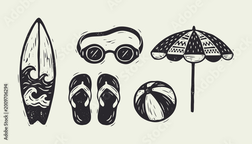 Foto Set of hand drawn linocut summer beach icons including surfboard goggles umbrell