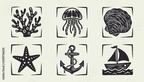 Fotografie Black ink nautical marine icons set with anchor sailboat coral shell starfish an