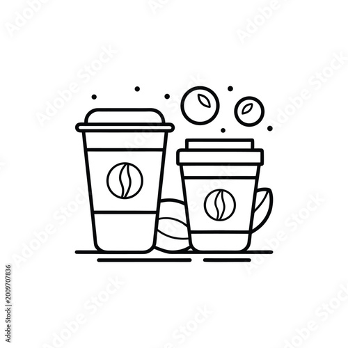 Coffee Outline Cups and Beans Emblem