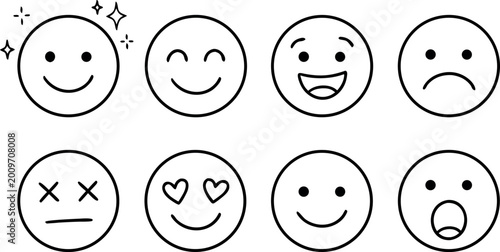 Set of hand drawn minimalist outline emoji icons representing various human emotions on white background