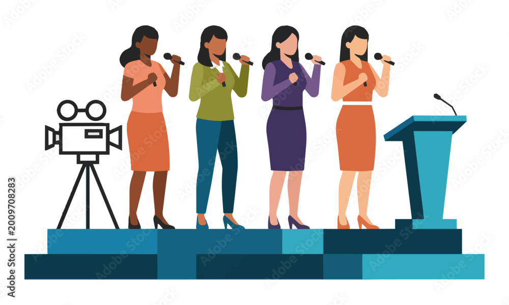 Fototapeta premium Diverse professional women speaking into microphones on a stage with tripod cameras and a podium in a flat minimalist design business conference concept
