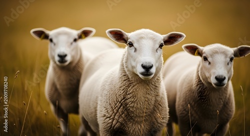 Three sheep standing in a field with a blurred golden background