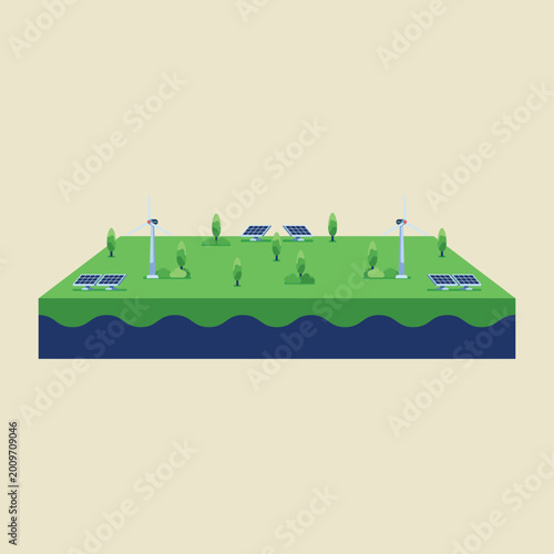 Fotografía Sustainable energy landscape with wind turbines and solar panels, representing r