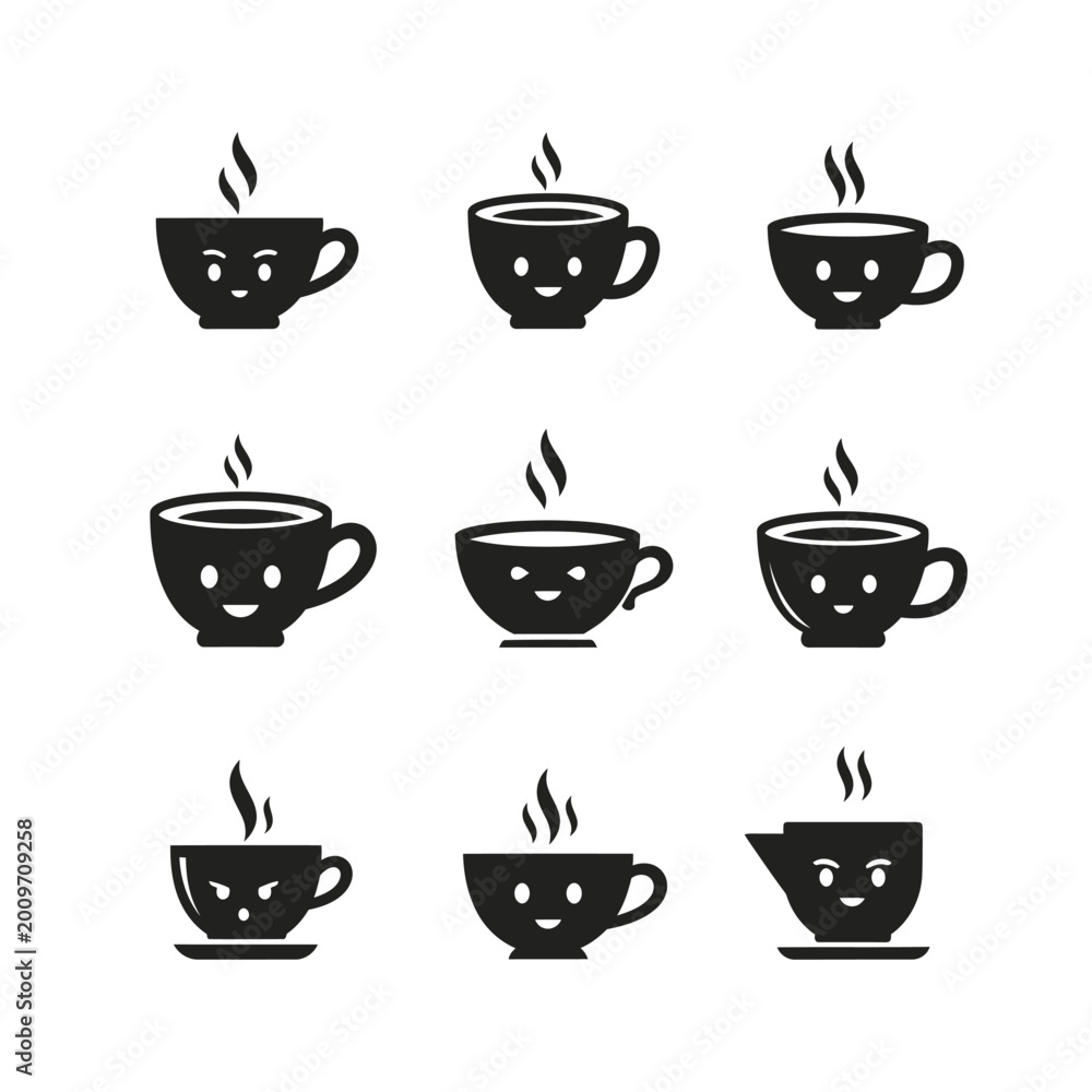 Fototapeta premium Cute Coffee Cups with Smiling Faces, Steaming Hot Drinks, Kawaii Style Icons