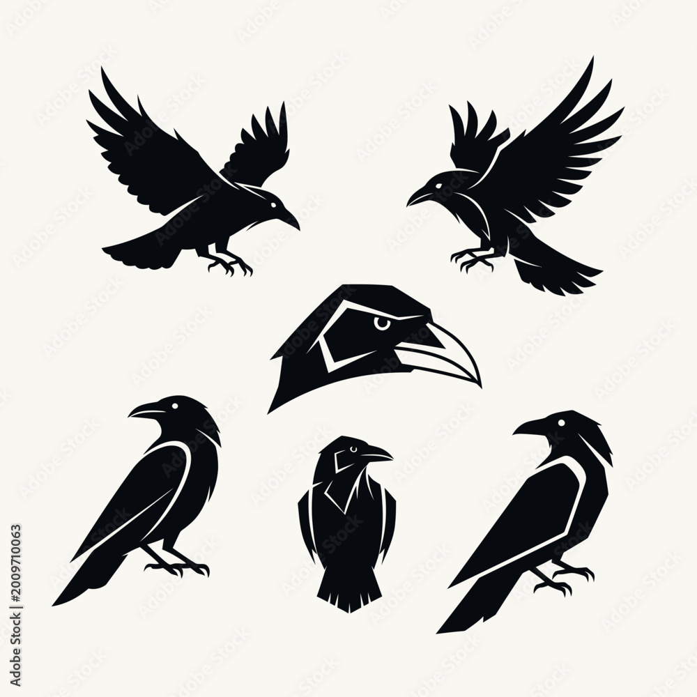 Obraz premium Silhouette Raven Collection: Flying, Perched, and Head Icon
