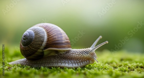 Garden snail on lush green moss a macro perspective of nature's slow life