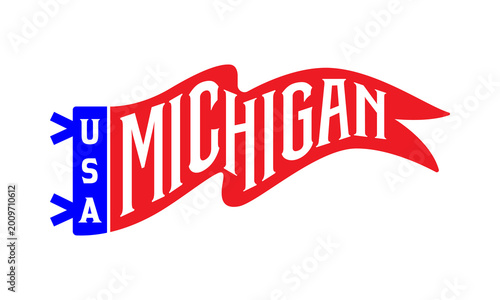 Vintage Michigan USA pennant flag vector illustration with retro typography in red and blue.