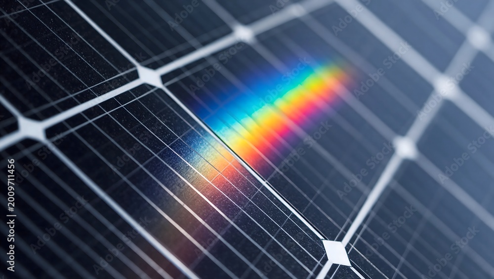 Fototapeta premium Closeup of solar panel with rainbow light reflection on photovoltaic cells renewable energy technology