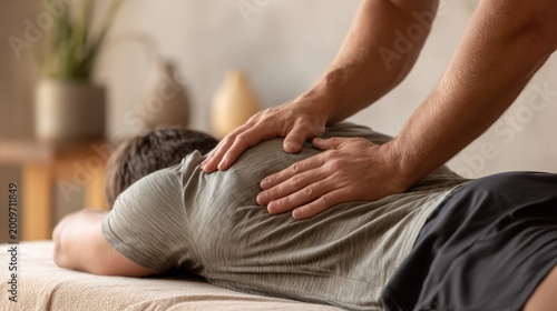 Hands with a light skin tone massaging the back of a person with a dark hair, wearing a gray shirt, in a professional massage therapy session on a cushioned table