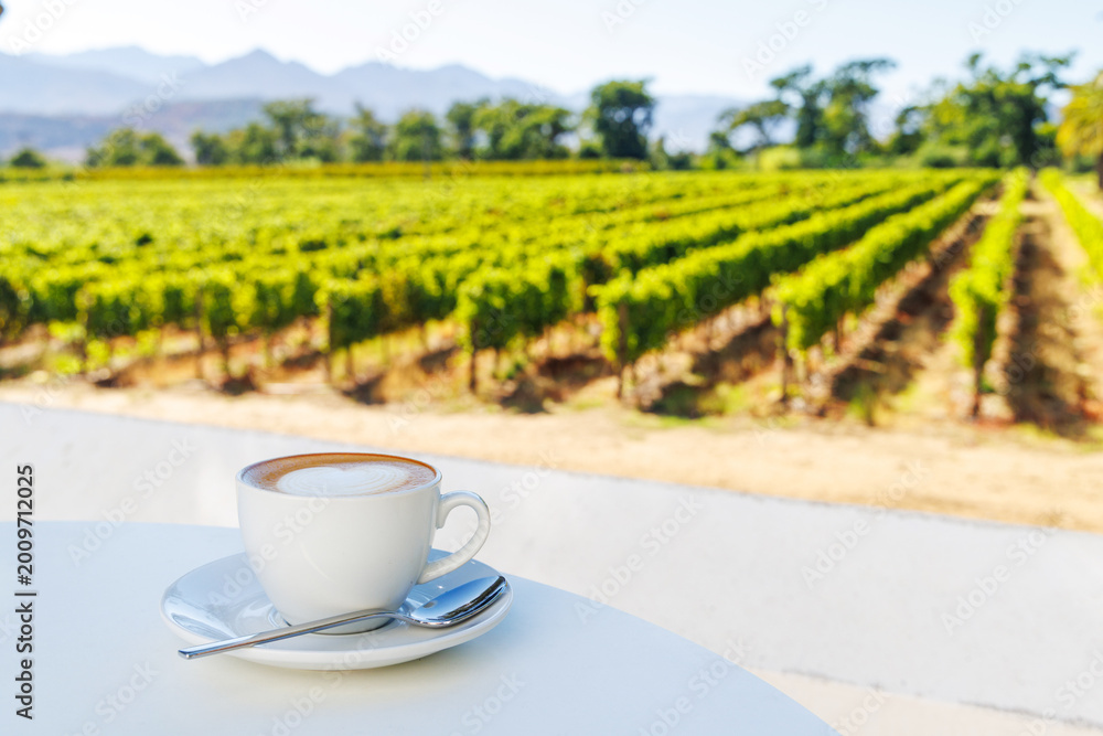 Naklejka premium Morning coffee with vineyard view