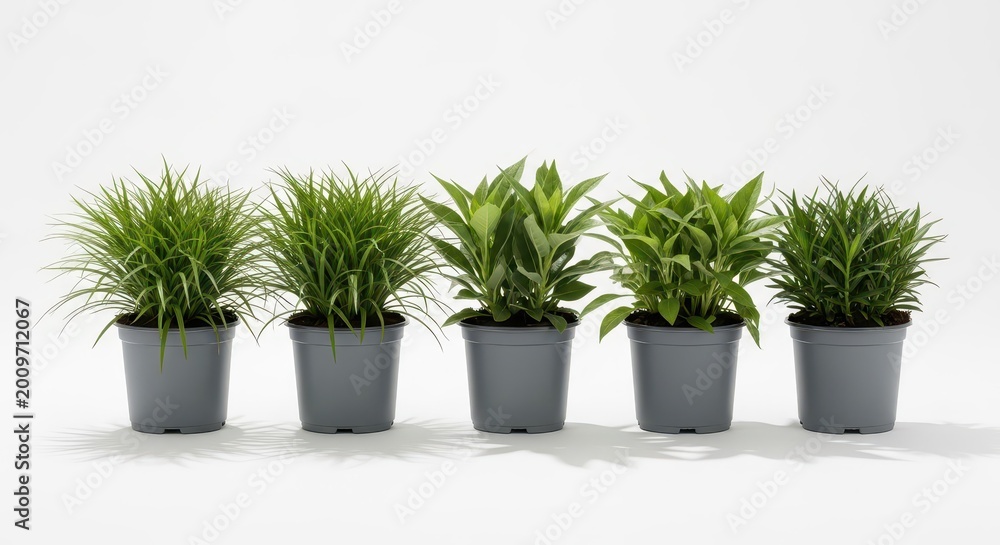 Fototapeta premium Five distinct green plants sit in grey plastic pots against a white background.