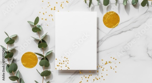 Blank white paper card lies on a marble surface decorated with eucalyptus leaves and gold foil accents.
