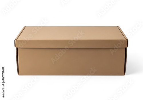 Large beige cardboard storage box with lid isolated on white background