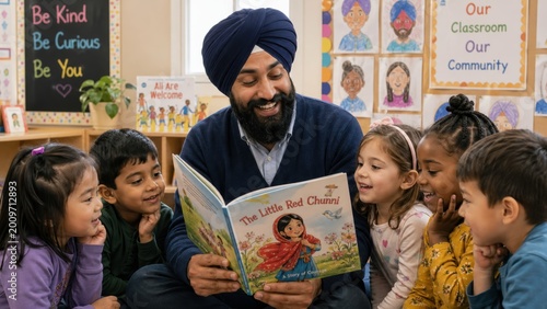Smiling Sikh teacher reading book to kids.