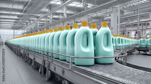 Production Line of Plastic Bottles in a Modern Factory for Liquid Detergent Manufacturing Process