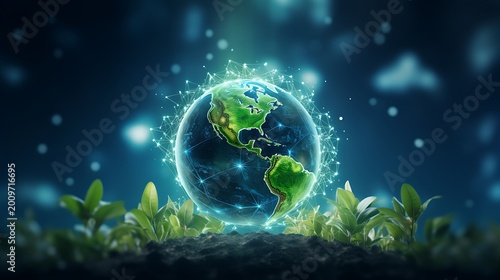 A glowing green and blue globe with network connections surrounded by lush green plants
